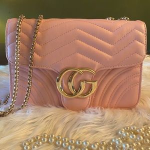 Double G quilted Pink Shoulder Bag Gold Rolled Chain Vegan